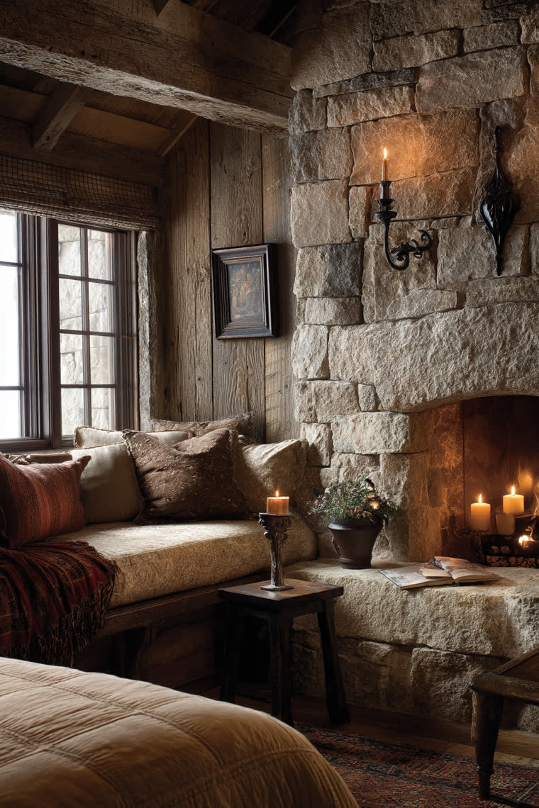 Stone fireplace nook with a cushioned window seat, lit candles and a plaid throw against exposed wood beams
