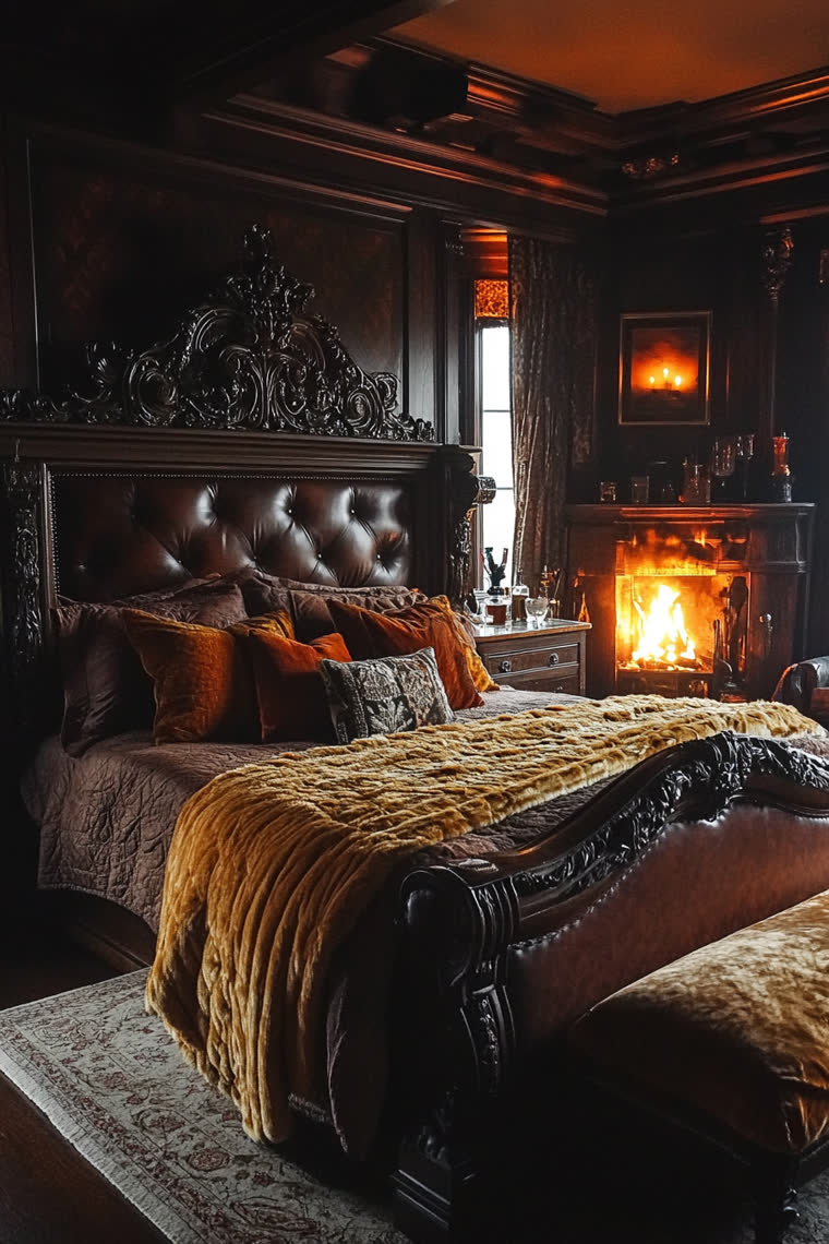 Carved dark wood bed draped in a gold velvet throw, with a lit fireplace and glass decanters nearby