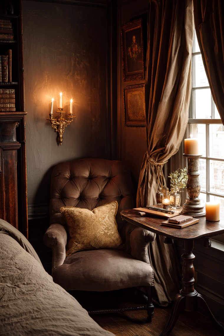 Candlelit reading nook with a tufted armchair and gold pillow beside a curtained window and the edge of the bed