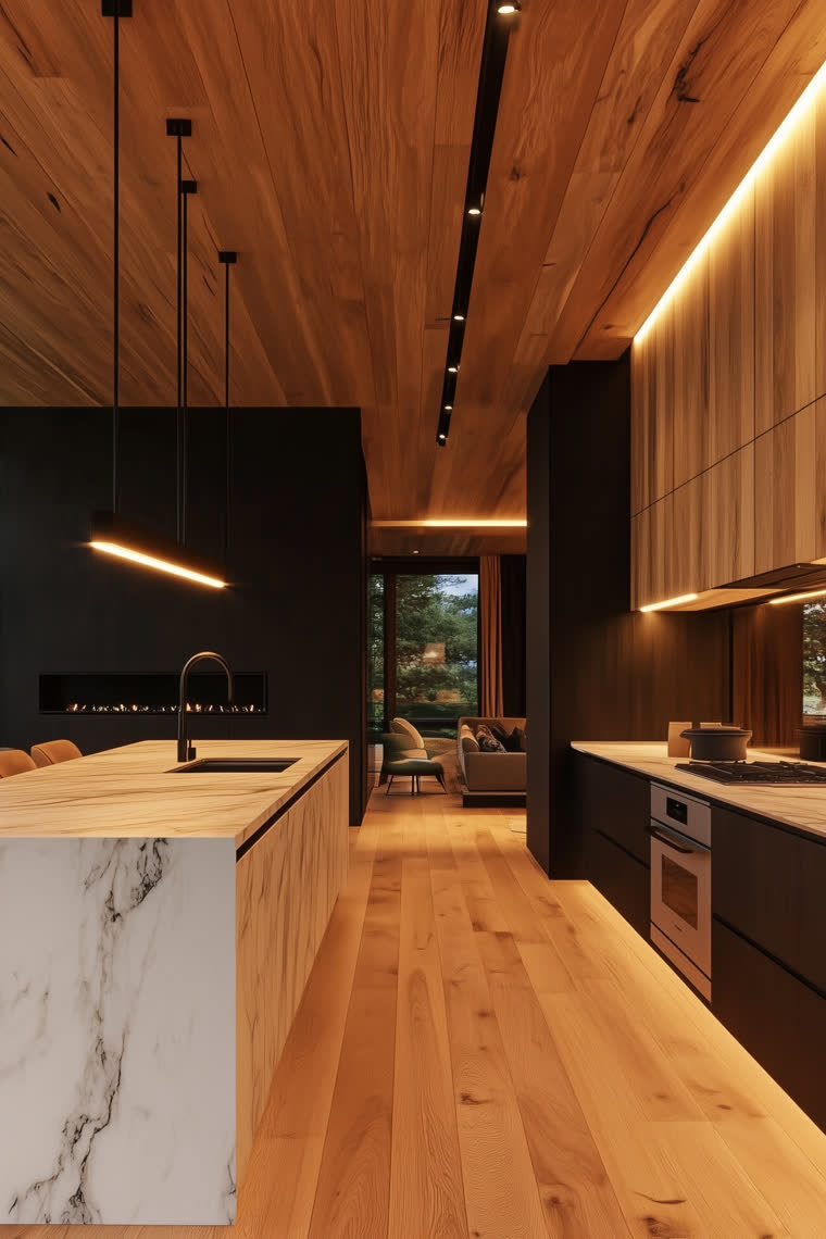 Dark kitchen island in book-matched marble beside a built-in fireplace, forest visible through glass doors
