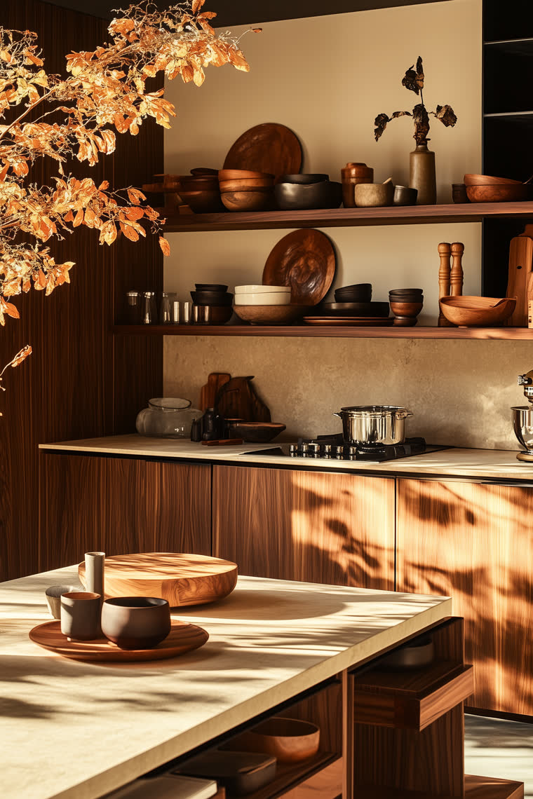 Walnut open shelving stacked with ceramic bowls and plates, sunlight and branch shadows across the counter