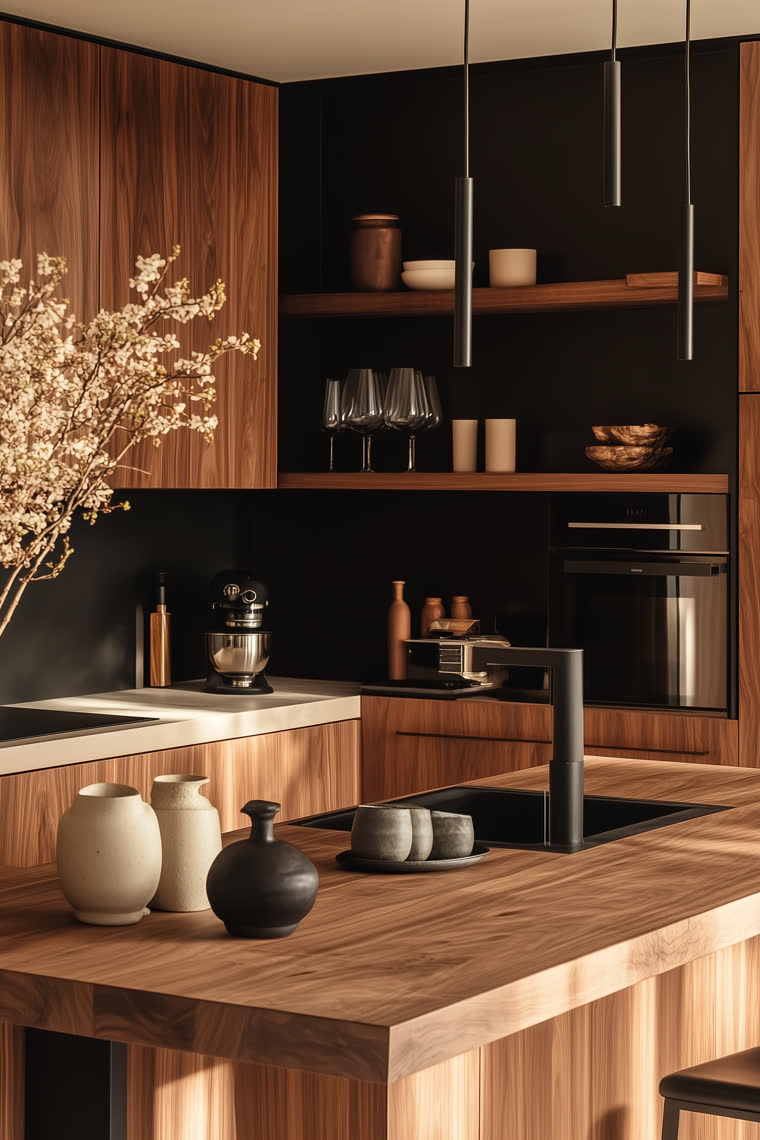 Black-walled kitchen nook with walnut cabinetry, glass stemware on open shelves and a cherry blossom branch