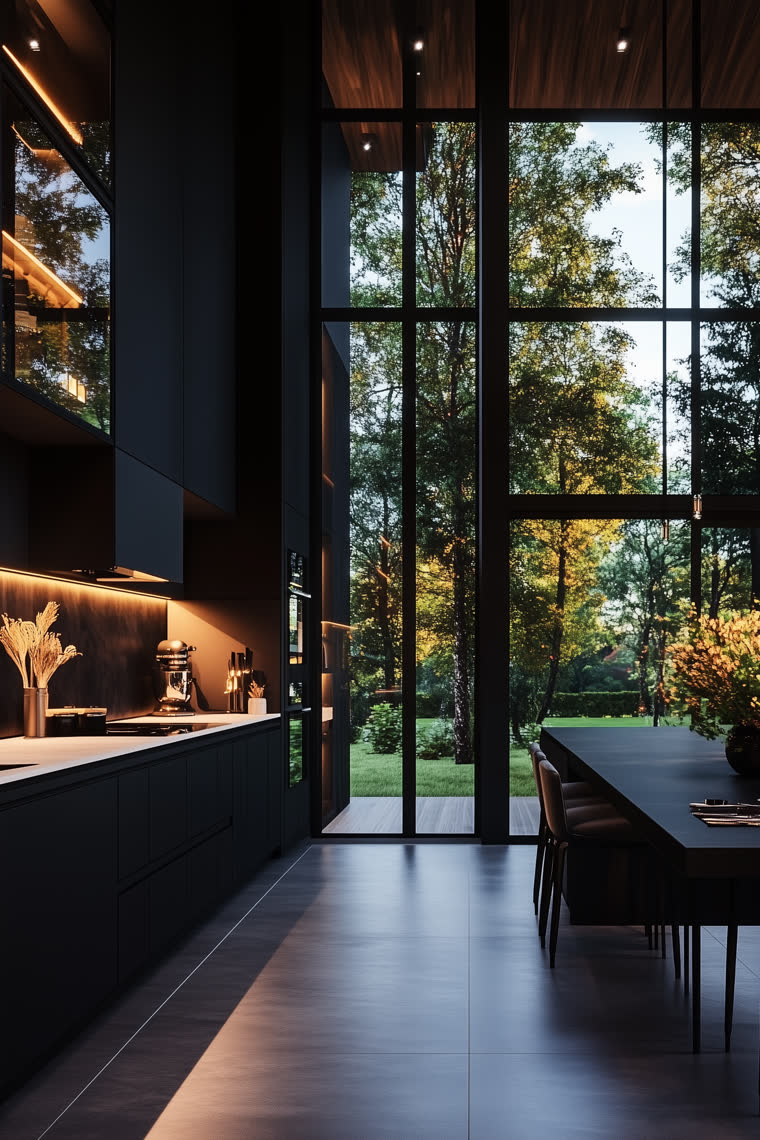 Charcoal kitchen with floor-to-ceiling windows onto a forest garden and a long dining table set for dinner