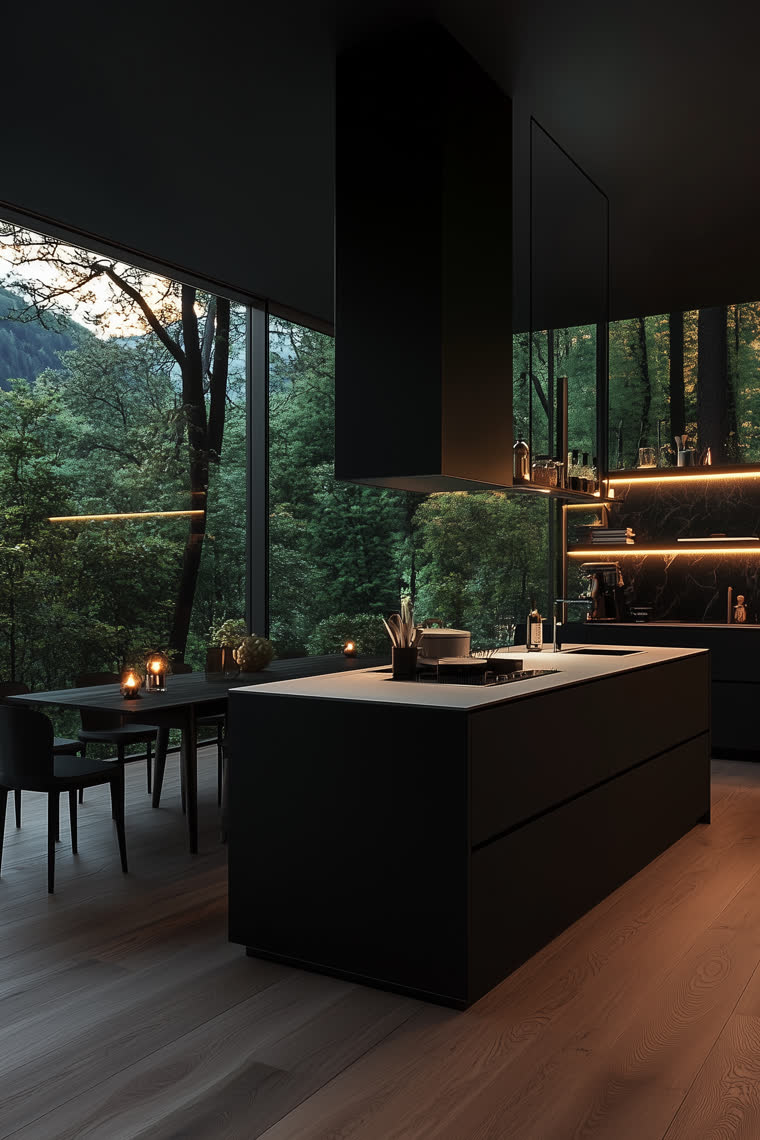 Matte black kitchen island facing floor-to-ceiling glass onto a dusk forest, candles lit on the table