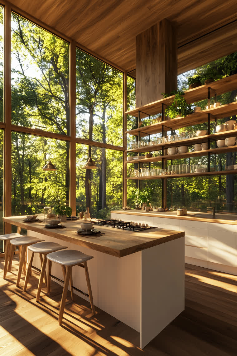 Sunlit wood kitchen with a glass wall onto the forest, open shelving of dishware and counter stools