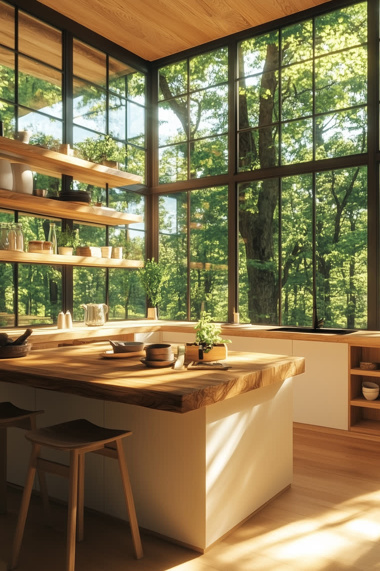 Corner-glazed kitchen looking into dense forest, floating wood shelves and a live-edge island with stools