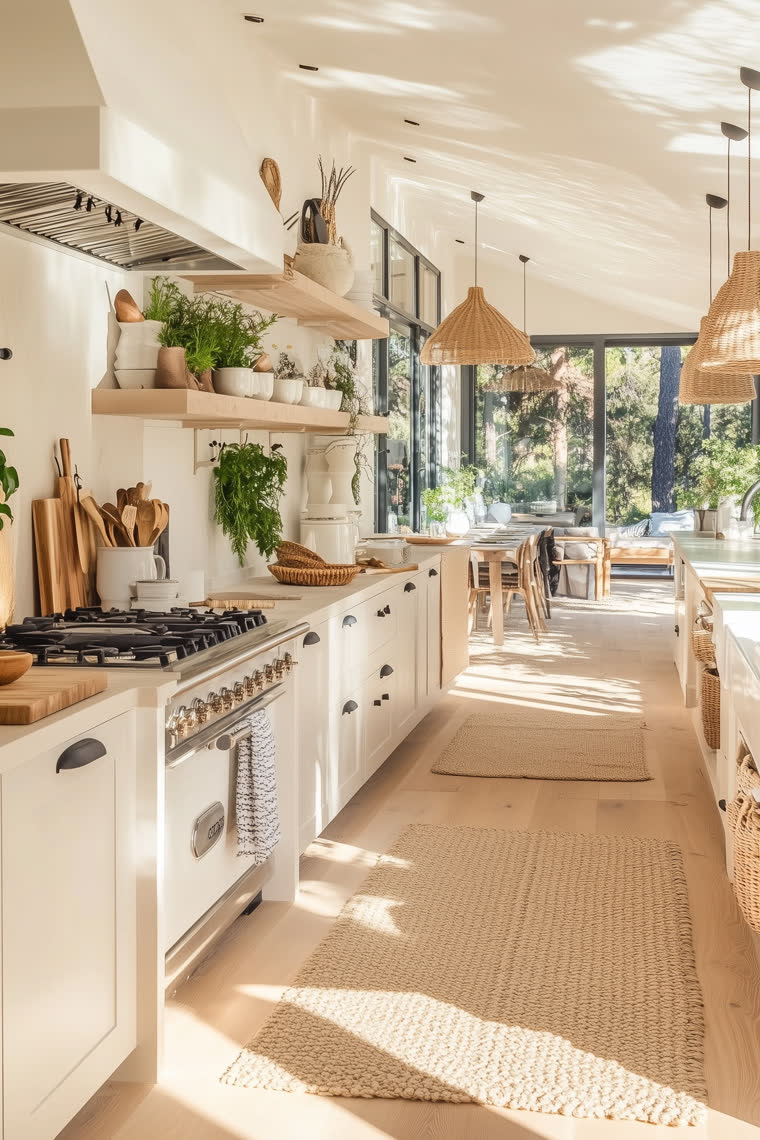 Vaulted white kitchen with a gas range, hanging herbs, woven pendant lights and a sunlit dining nook beyond