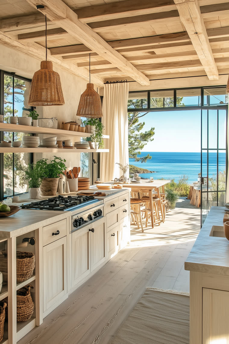Open-air kitchen and dining terrace under a wood beam ceiling with a sweeping ocean view