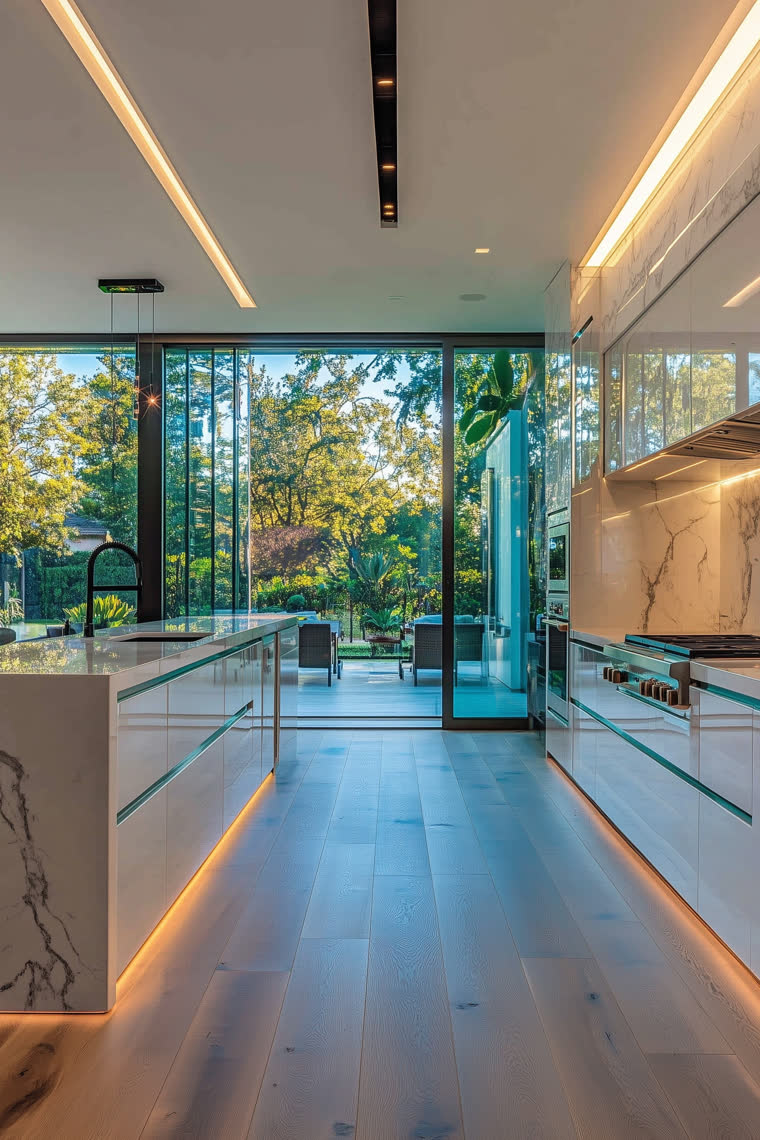 Glass-walled kitchen with a marble island, warm under-cabinet lighting and dense forest visible through the doors