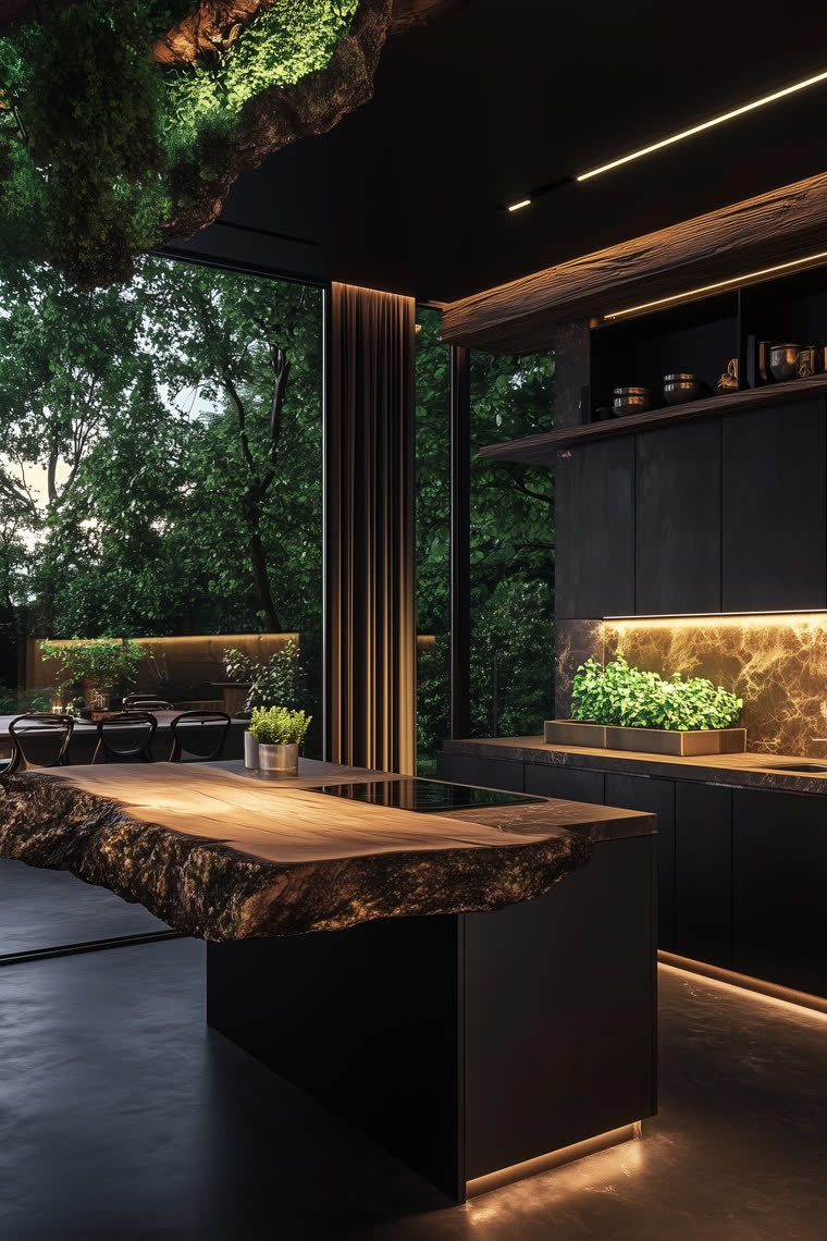 Dark kitchen with a live-edge wood island lit from below, tree canopy visible through floor-to-ceiling glass