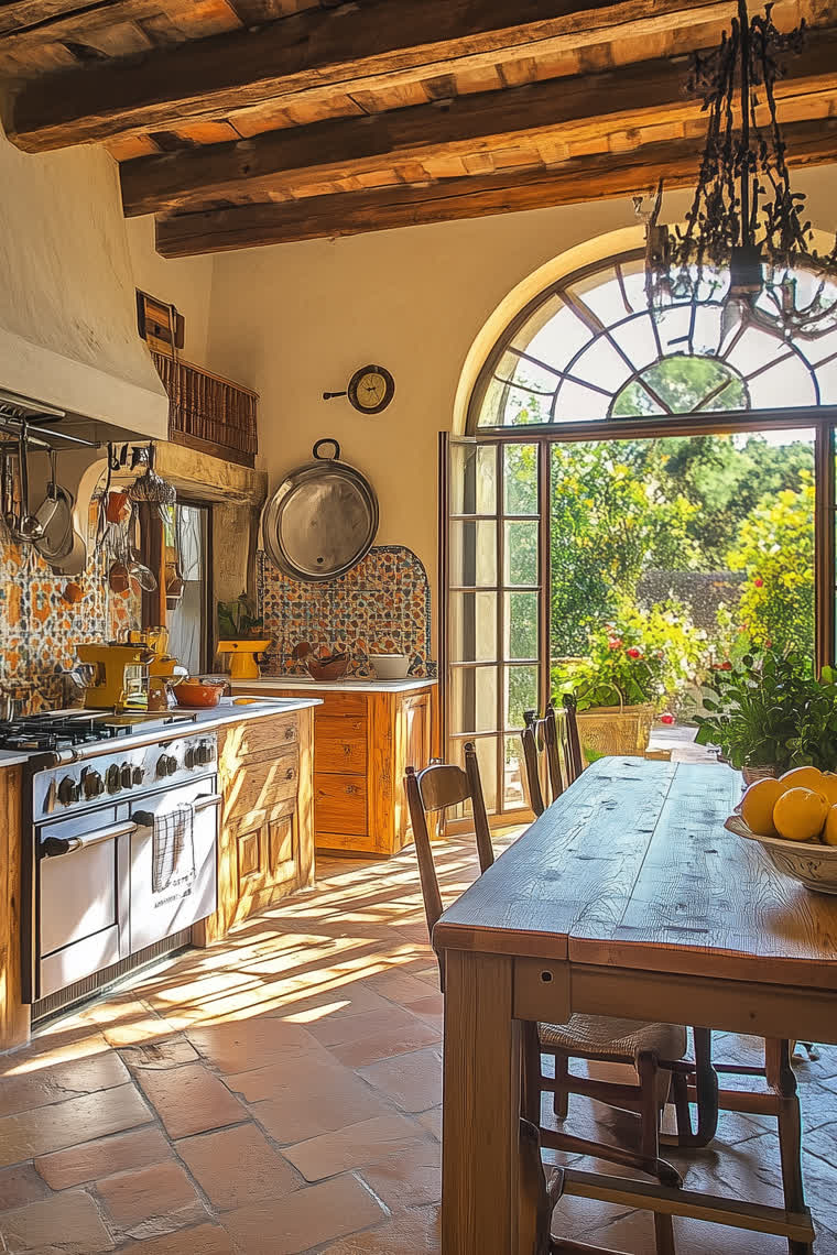 Rustic Mediterranean kitchen with exposed wood beams, terracotta tile floor and an arched door open to the garden
