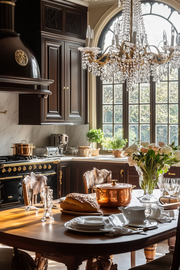 Dark wood kitchen with a crystal chandelier, marble backsplash and a copper pot set on the dining table