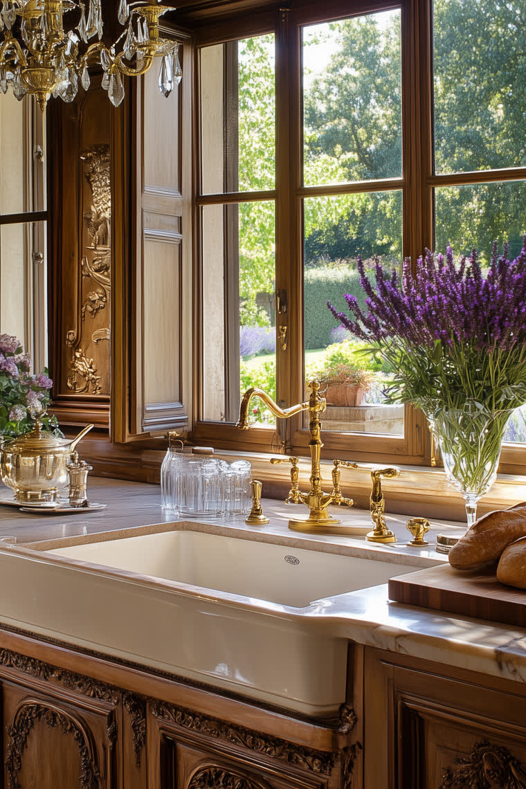 Farmhouse sink with a brass gooseneck faucet, fresh lavender in a glass vase and a garden view beyond