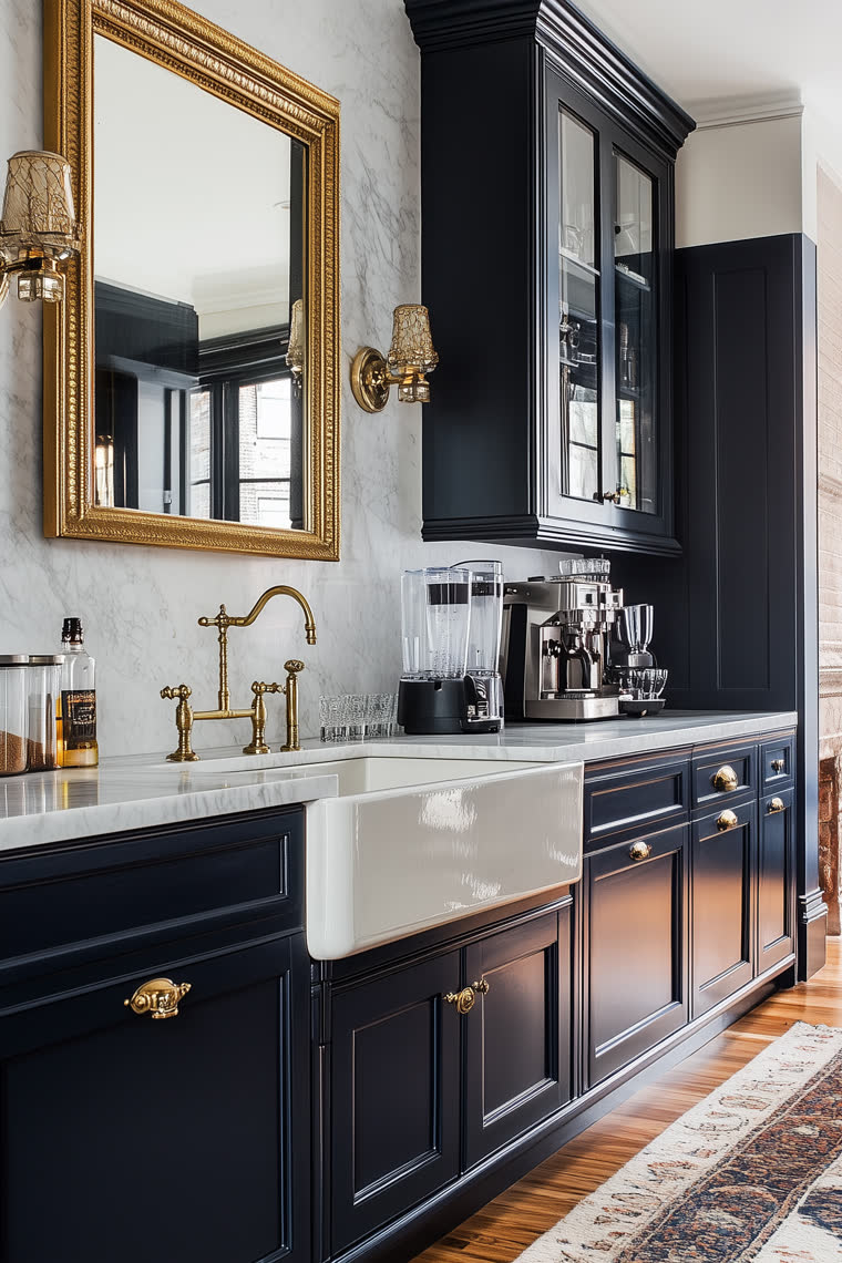 Navy blue cabinetry with brass hardware, a marble backsplash and a gold-framed mirror above the farmhouse sink
