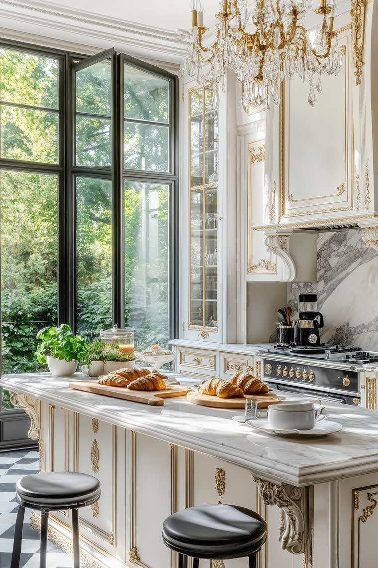 Ornate white and gold kitchen with a marble island, crystal chandelier and croissants set out for breakfast