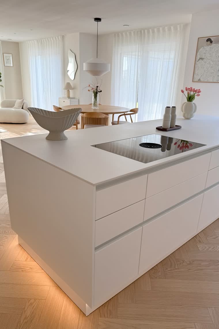 Minimalist white kitchen island with an induction cooktop, open dining area and herringbone floor beyond